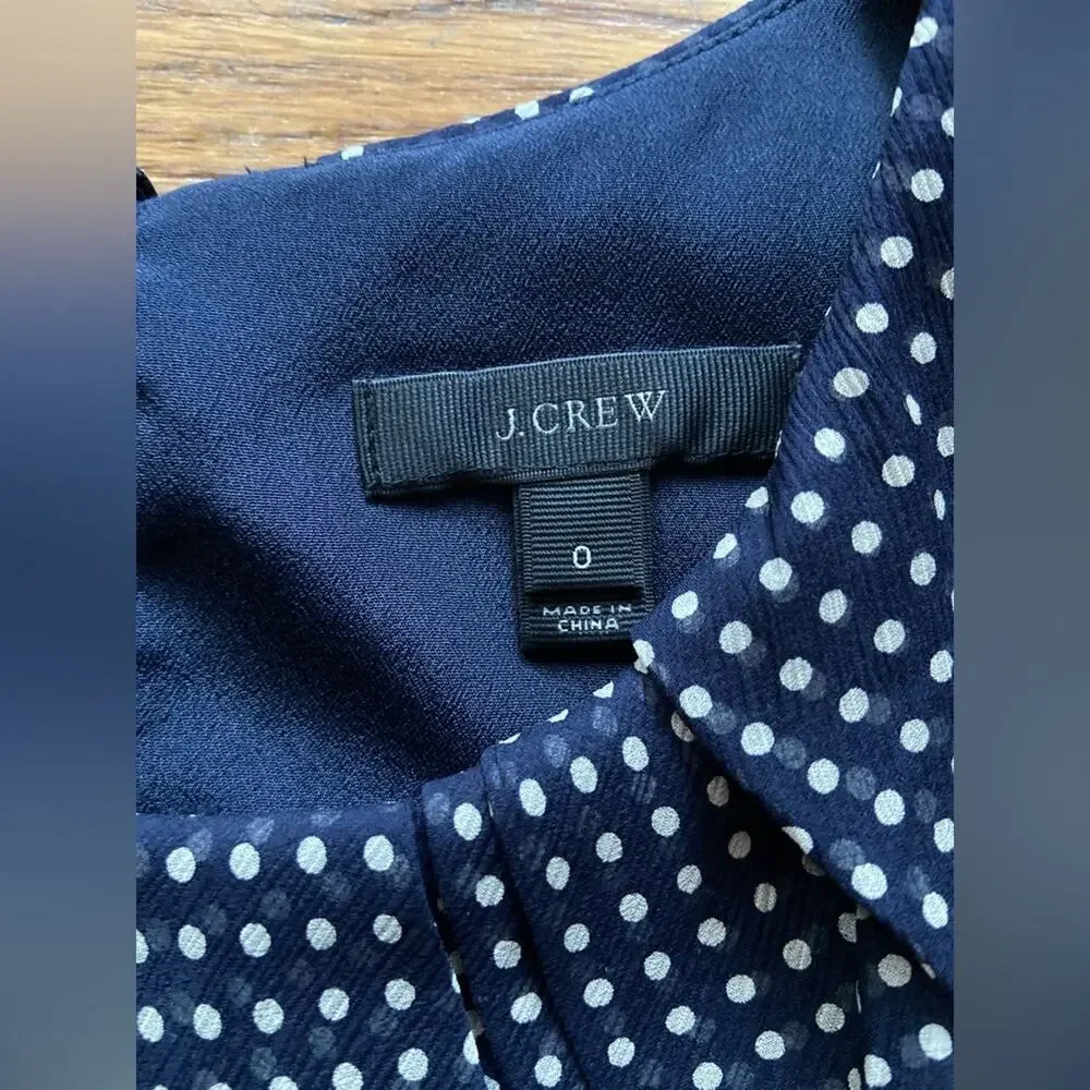 JCREW Navy Blue Polka Dotted Sleeveless Ruffle Collar Silk Blouse sz 0